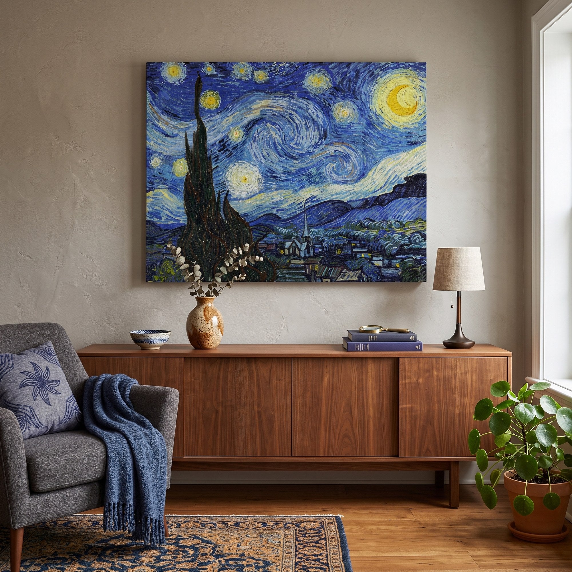 Tableau peinture par numéro La Nuit Étoilée accroché dans un intérieur décoré — Maison Artsen