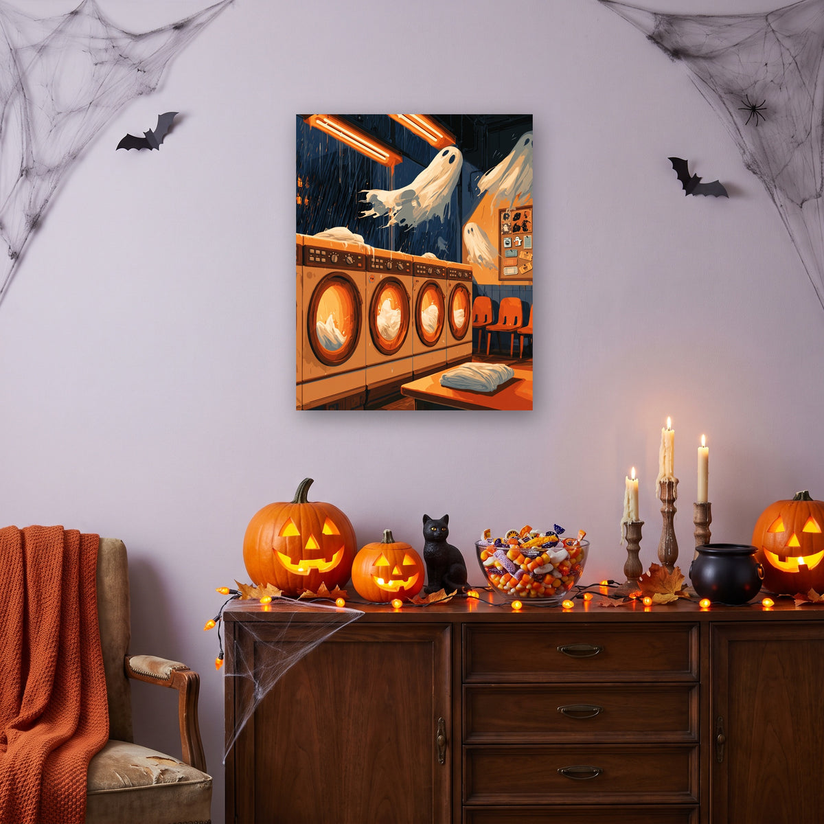 Tableau peinture par numéro Laverie des Fantômes accroché dans un salon décoré pour Halloween — Maison Artsen
