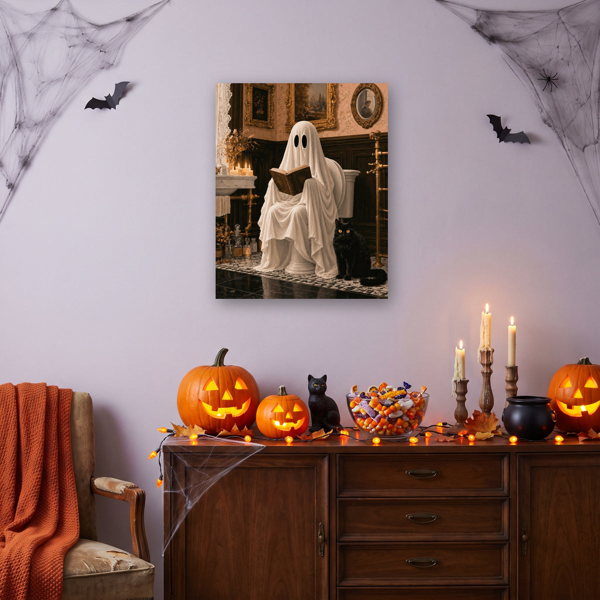 Tableau peinture par numéro Le Fantôme Lecteur accroché dans un salon décoré pour Halloween — Maison Artsen
