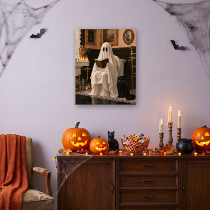 Tableau peinture par numéro Le Fantôme Lecteur accroché dans un salon décoré pour Halloween — Maison Artsen