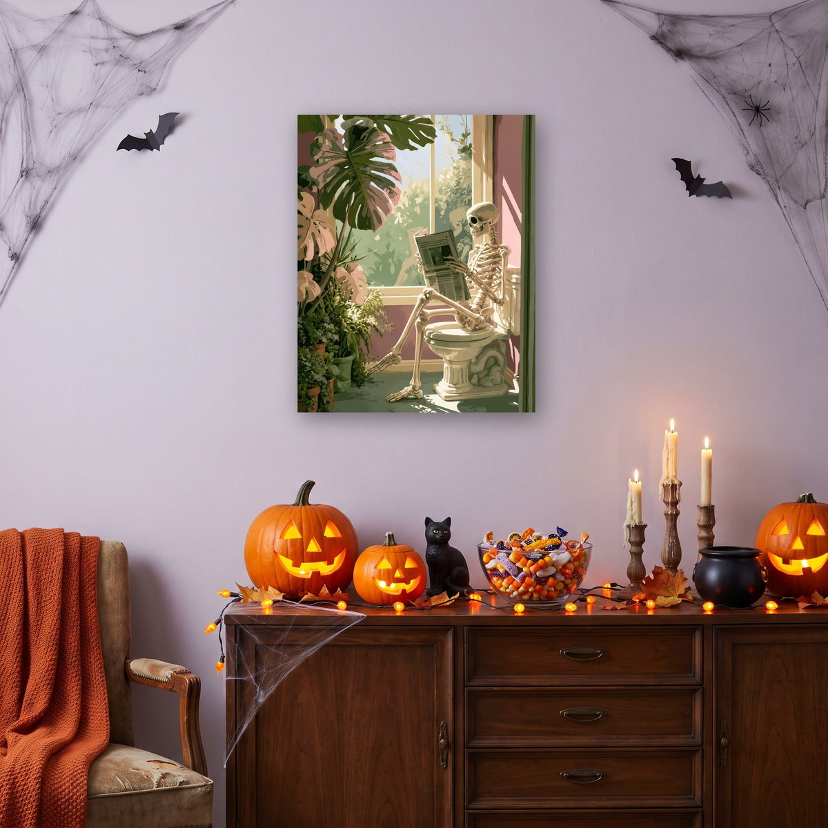 Tableau peinture par numéro Lecture Éternelle accroché dans un salon décoré pour Halloween — Maison Artsen