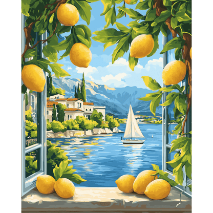 Citrons et Lac Italien - Tableau peinture par numéro