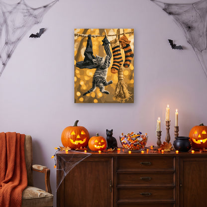 Tableau peinture par numéro Lessive de la Sorcière accroché dans un salon décoré pour Halloween — Maison Artsen