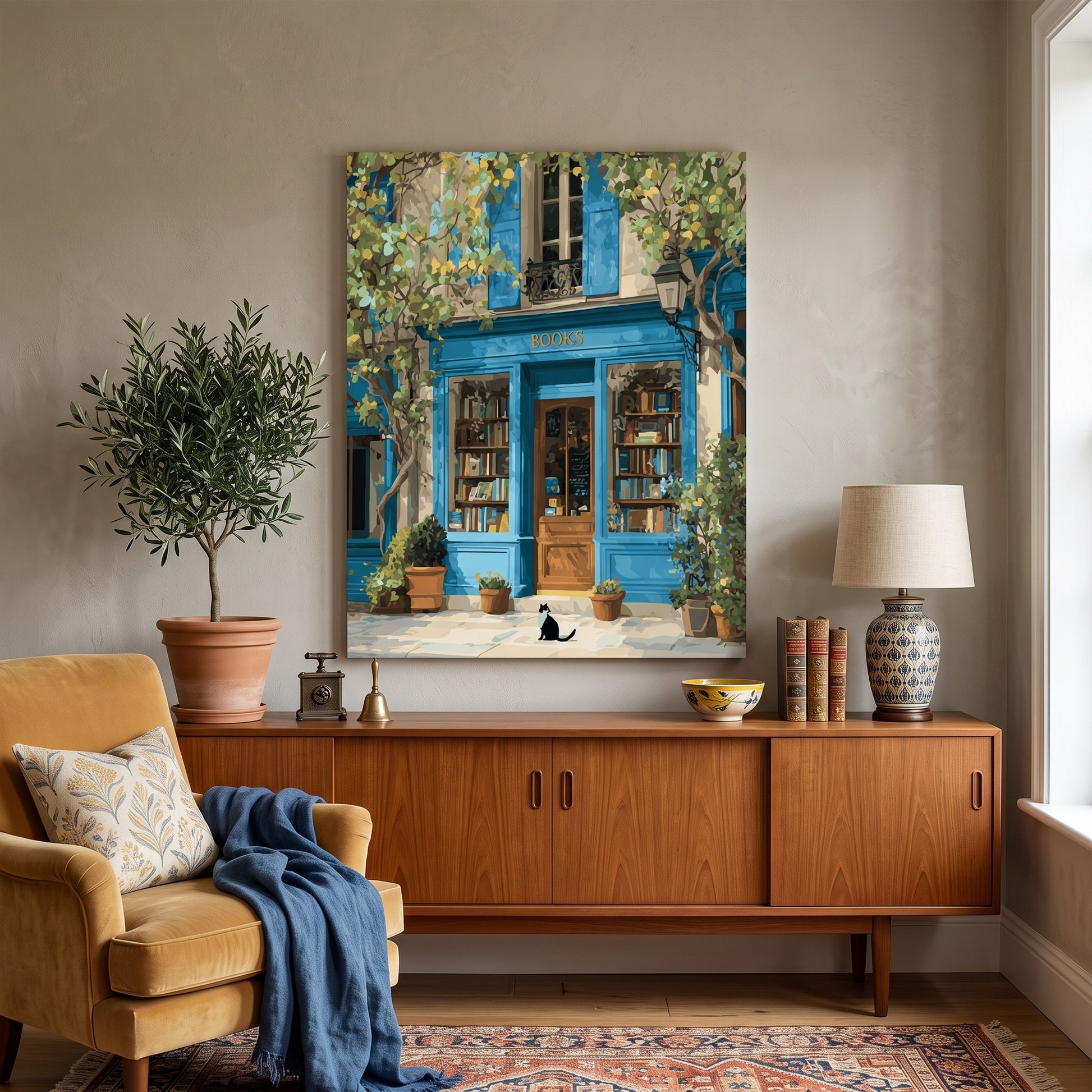 Tableau peinture par numéro Librairie Bleue au Chat Noir accroché dans un intérieur décoré — Maison Artsen