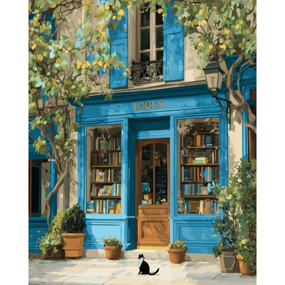 Modèle à peindre Librairie Bleue au Chat Noir, peinture par numéro 30×40 cm — Maison Artsen