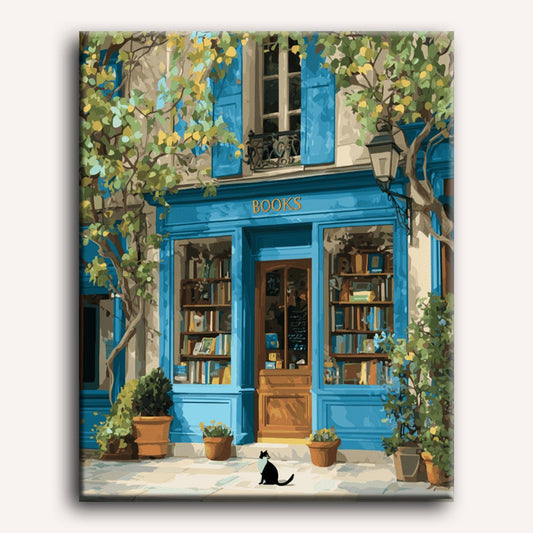Peinture par numéro adulte Librairie Bleue au Chat Noir, visuel complet du design sur toile — Maison Artsen