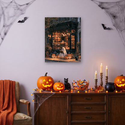 Tableau peinture par numéro Librairie des Fantômes accroché dans un salon décoré pour Halloween — Maison Artsen
