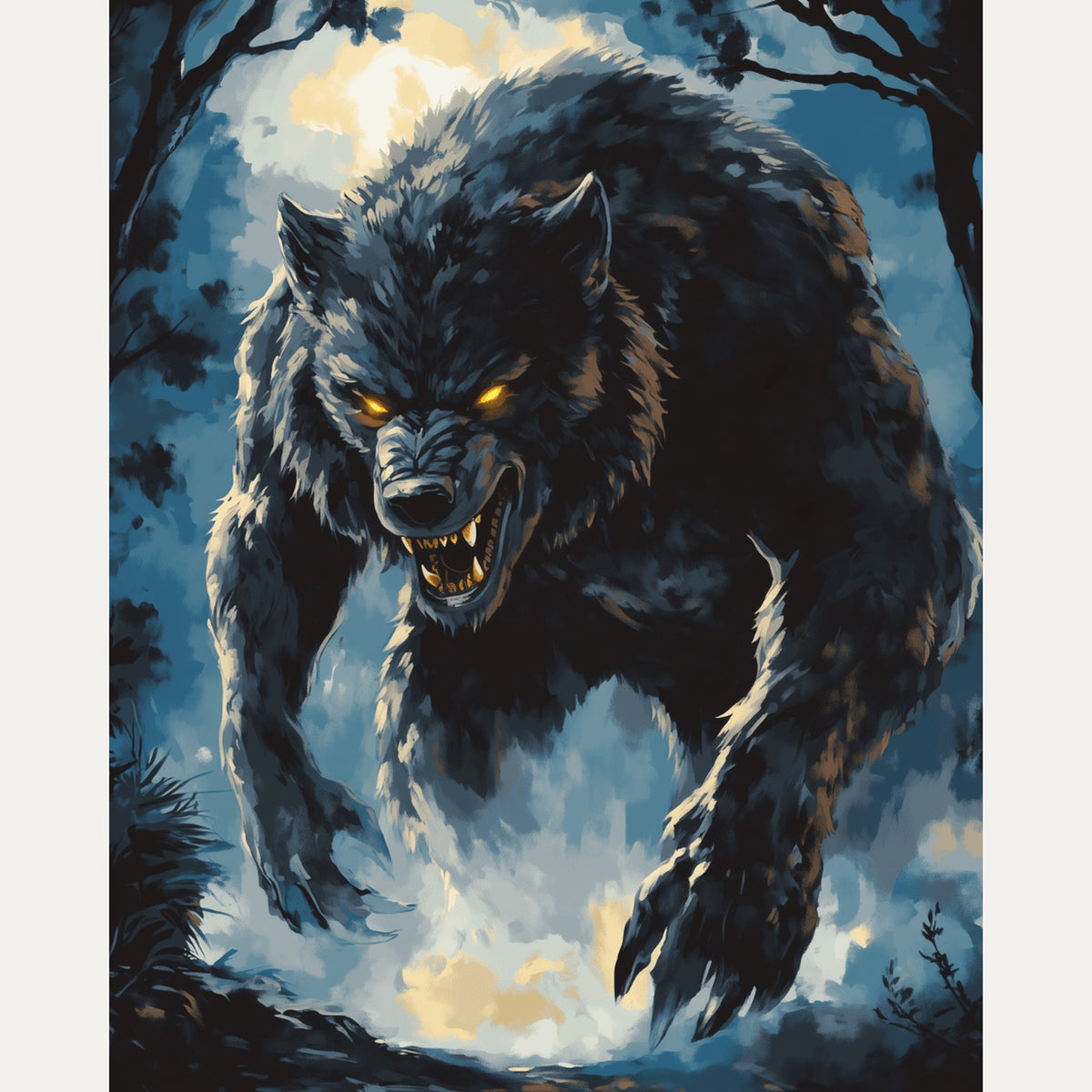 Peinture par numéro adulte Loup sous la Lune, visuel complet du design — Maison Artsen