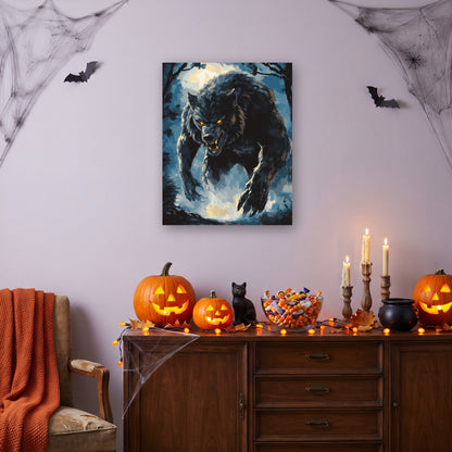 Tableau peinture par numéro Loup sous la Lune accroché dans un salon décoré pour Halloween — Maison Artsen