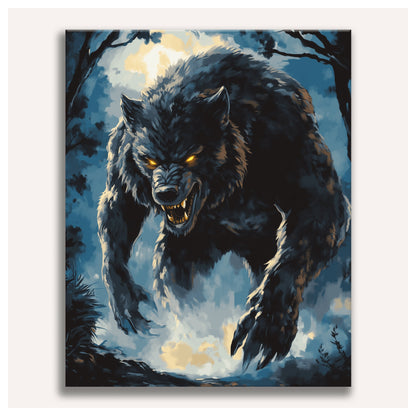 Peinture par numéro adulte Loup sous la Lune, toile tendue vue de face — Maison Artsen