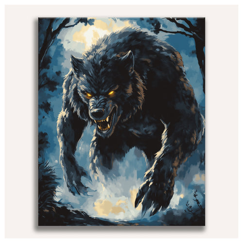 Peinture par numéro adulte Loup sous la Lune, toile tendue vue de face — Maison Artsen