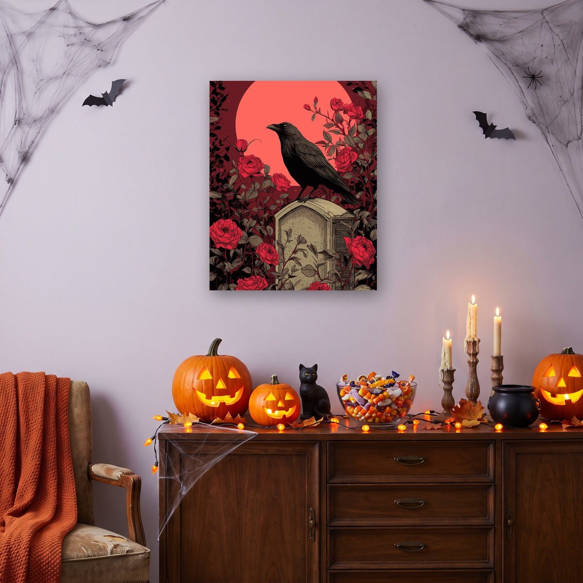 Tableau peinture par numéro Lune Rouge au Cimetière accroché dans un salon décoré pour Halloween — Maison Artsen