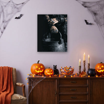 Tableau peinture par numéro Mains de la Sorcière accroché dans un salon décoré pour Halloween — Maison Artsen