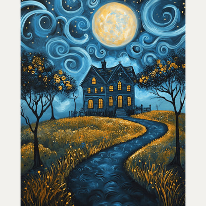 Peinture par numéro adulte Maison au Chemin d'Or, visuel complet du design — Maison Artsen