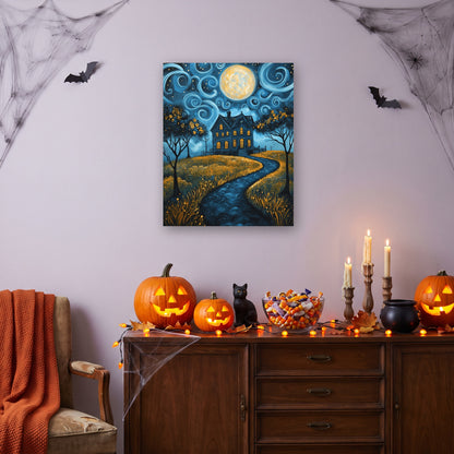 Tableau peinture par numéro Maison au Chemin d'Or accroché dans un salon décoré pour Halloween — Maison Artsen