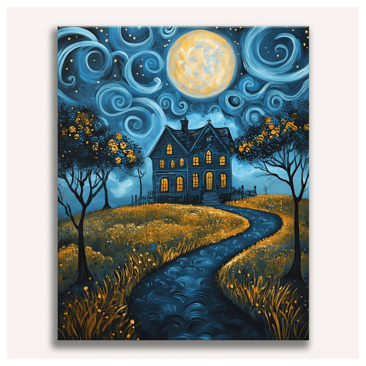 Peinture par numéro adulte Maison au Chemin d'Or, toile tendue vue de face — Maison Artsen