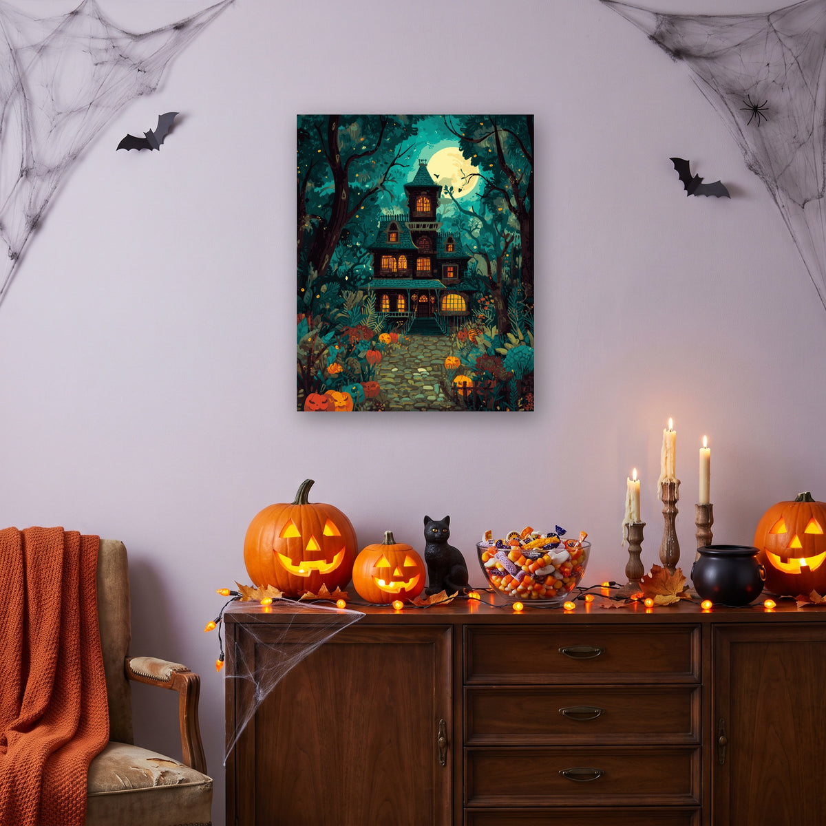 Tableau peinture par numéro Maison Hantée accroché dans un salon décoré pour Halloween — Maison Artsen