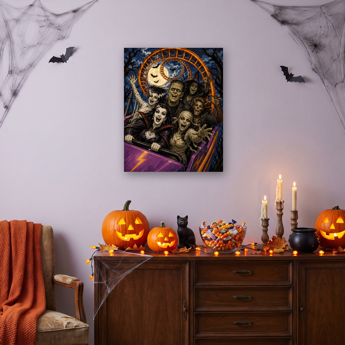 Tableau peinture par numéro Manège des Monstres accroché dans un salon décoré pour Halloween — Maison Artsen