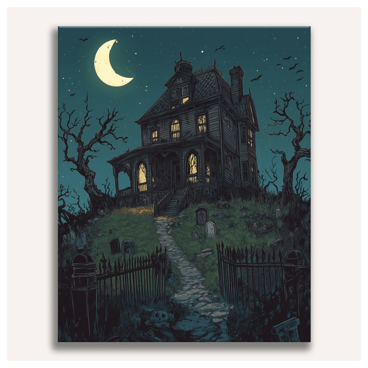 Peinture par numéro adulte Manoir Abandonné, visuel complet du design sur toile, Maison Artsen