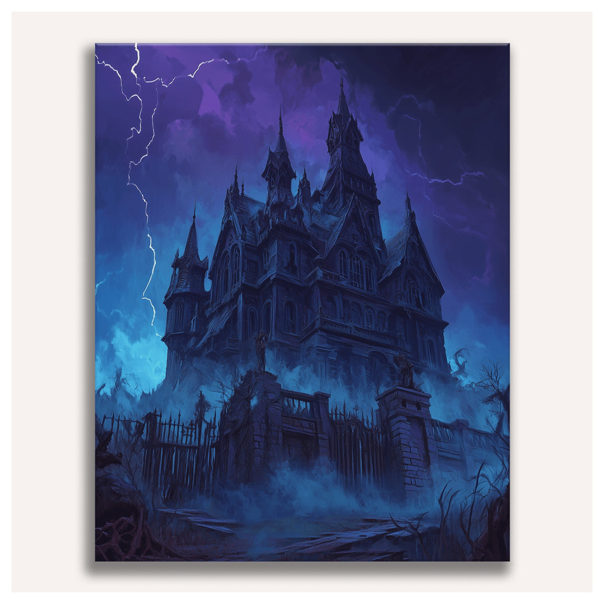 Peinture par numéro adulte Manoir sous l'Orage, visuel complet du design sur toile, Maison Artsen
