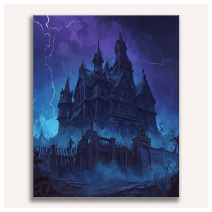 Peinture par numéro adulte Manoir sous l'Orage, visuel complet du design sur toile, Maison Artsen