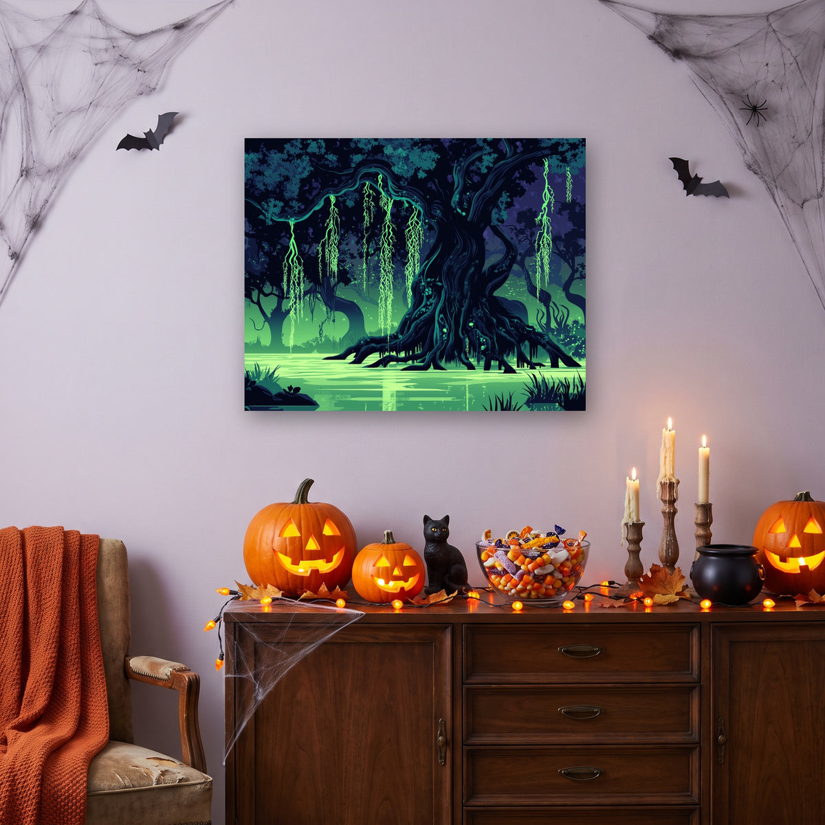 Tableau peinture par numéro Marais Fluorescent accroché dans un salon décoré pour Halloween — Maison Artsen