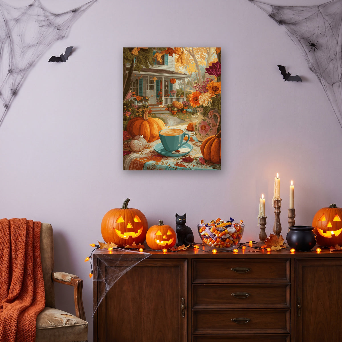 Tableau peinture par numéro Matin de Citrouilles accroché dans un salon décoré pour Halloween — Maison Artsen