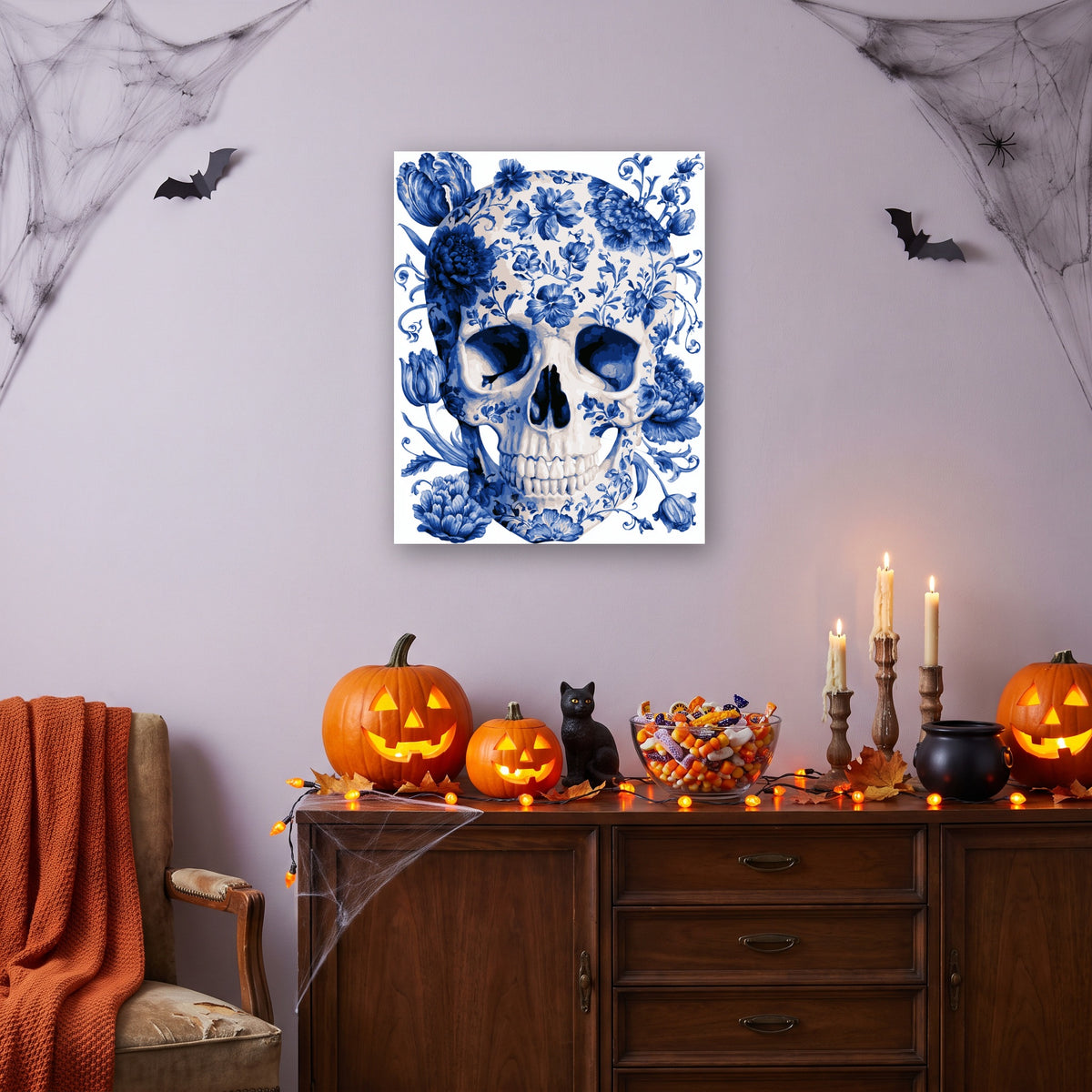 Tableau peinture par numéro Memento de Delft accroché dans un salon décoré pour Halloween — Maison Artsen