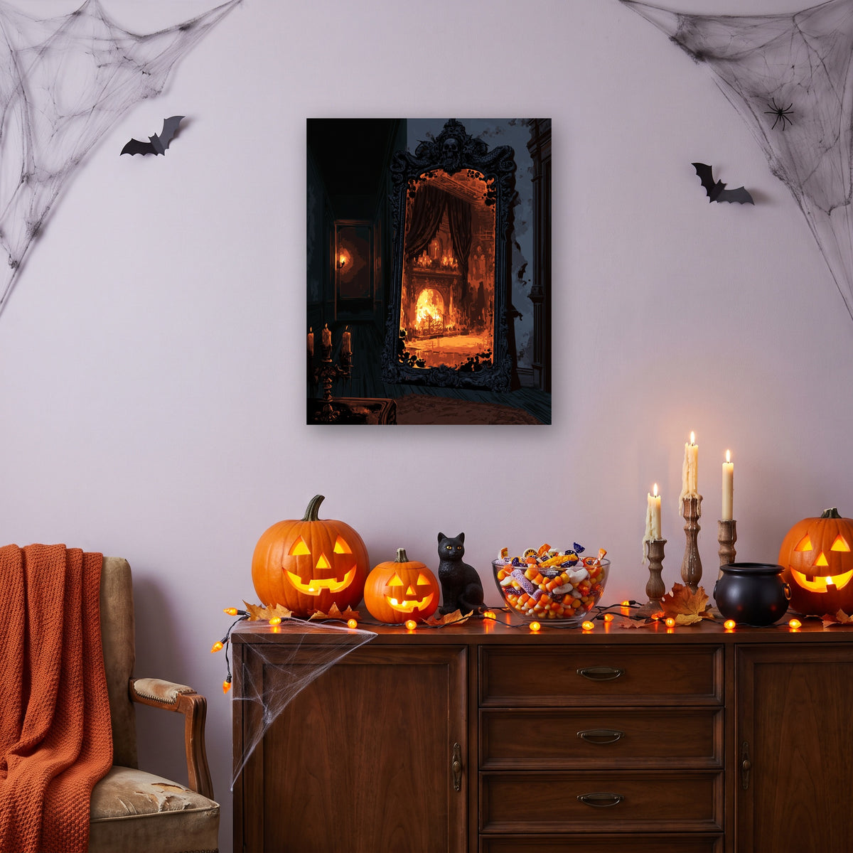 Tableau peinture par numéro Miroir de la Cheminée accroché dans un salon décoré pour Halloween — Maison Artsen
