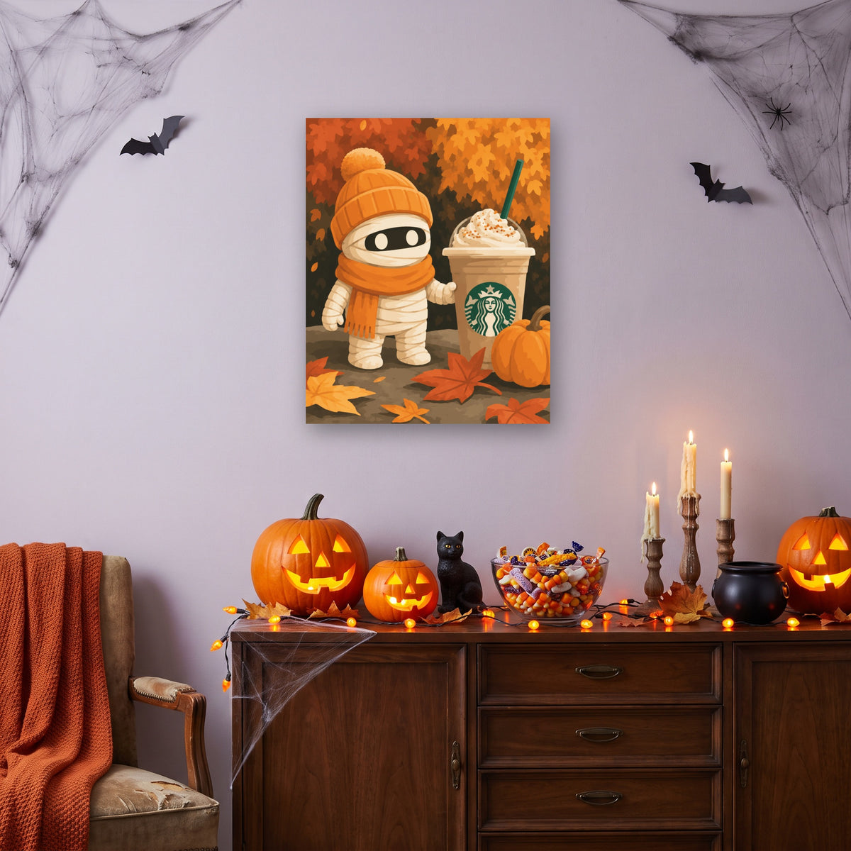 Tableau peinture par numéro Momie et son Latte accroché dans un salon décoré pour Halloween — Maison Artsen