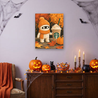 Tableau peinture par numéro Momie et son Latte accroché dans un salon décoré pour Halloween — Maison Artsen
