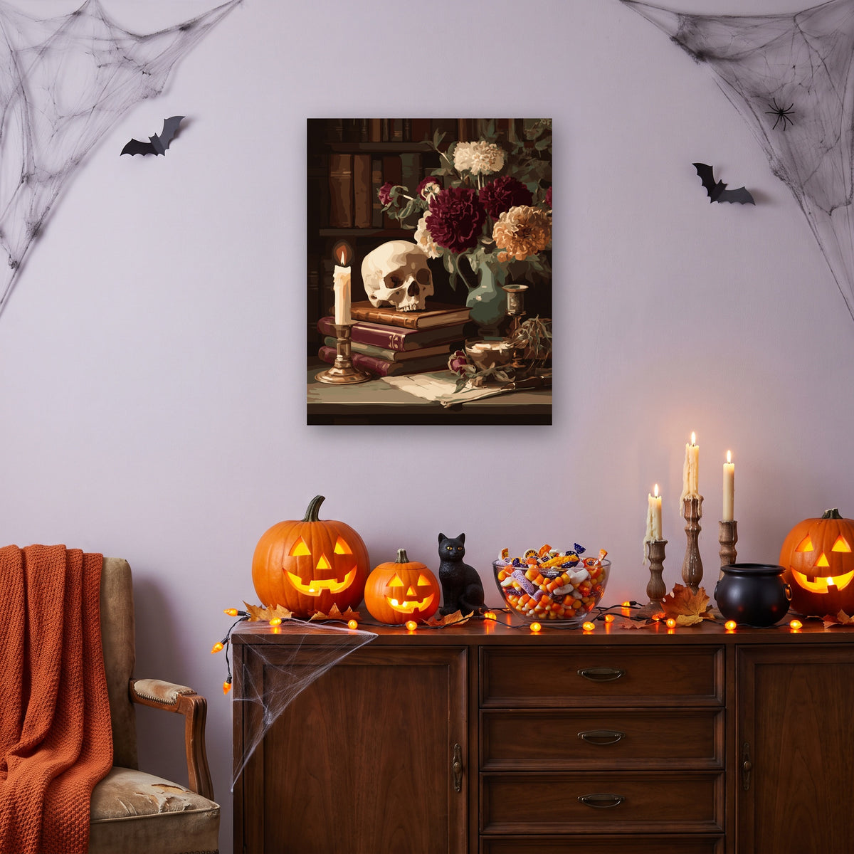 Tableau peinture par numéro Nature Morte à la Bougie accroché dans un salon décoré pour Halloween — Maison Artsen
