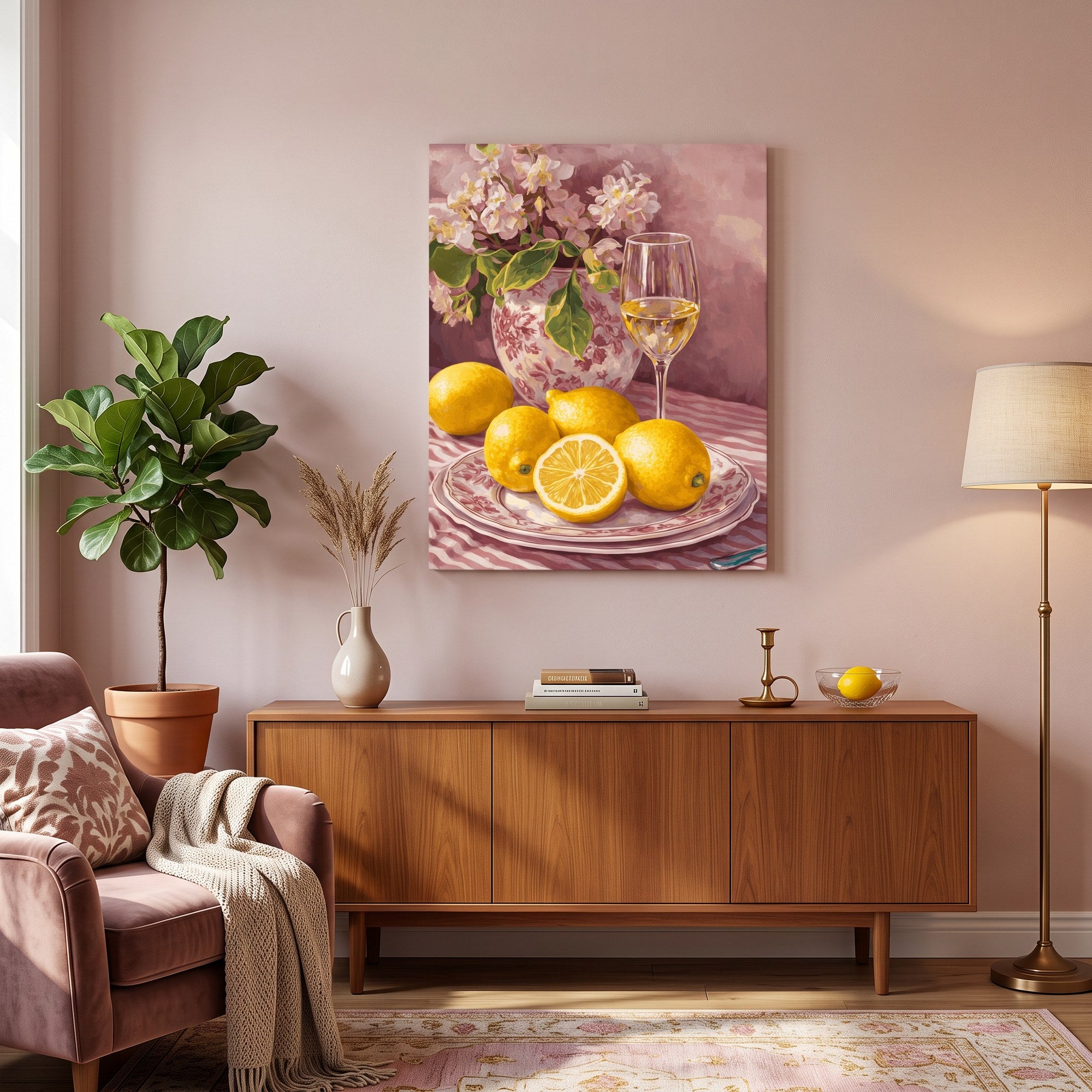 Tableau peinture par numéro Nature Morte Rose aux Citrons accroché dans un intérieur décoré — Maison Artsen