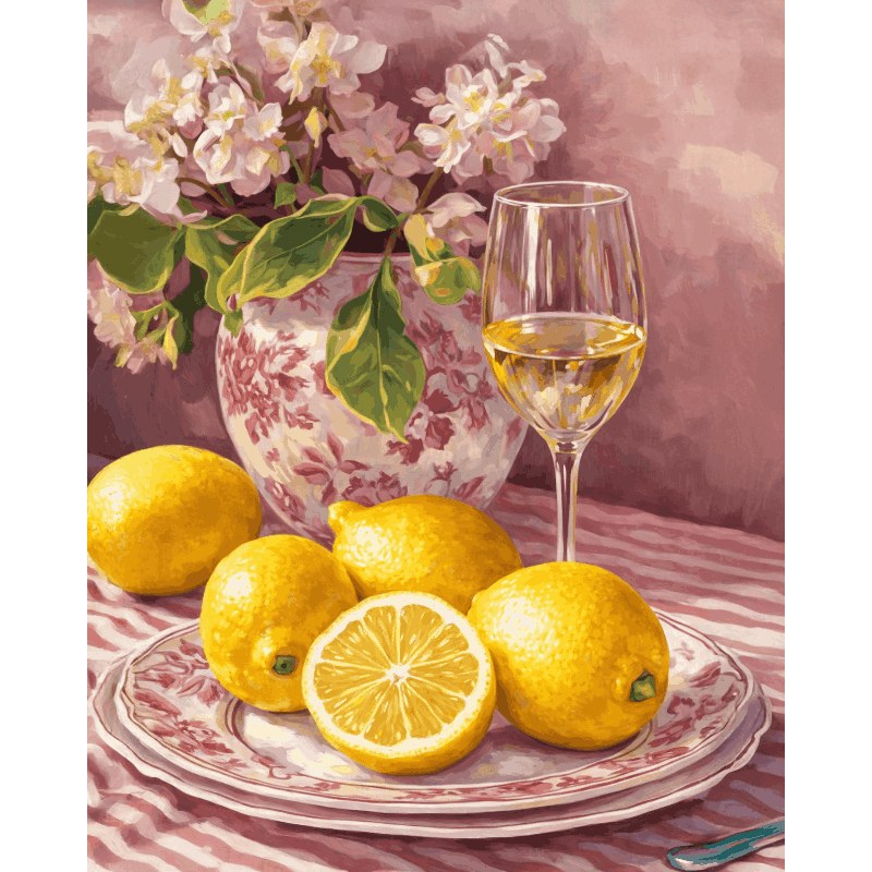 Modèle à peindre Nature Morte Rose aux Citrons, peinture par numéro 30×40 cm — Maison Artsen