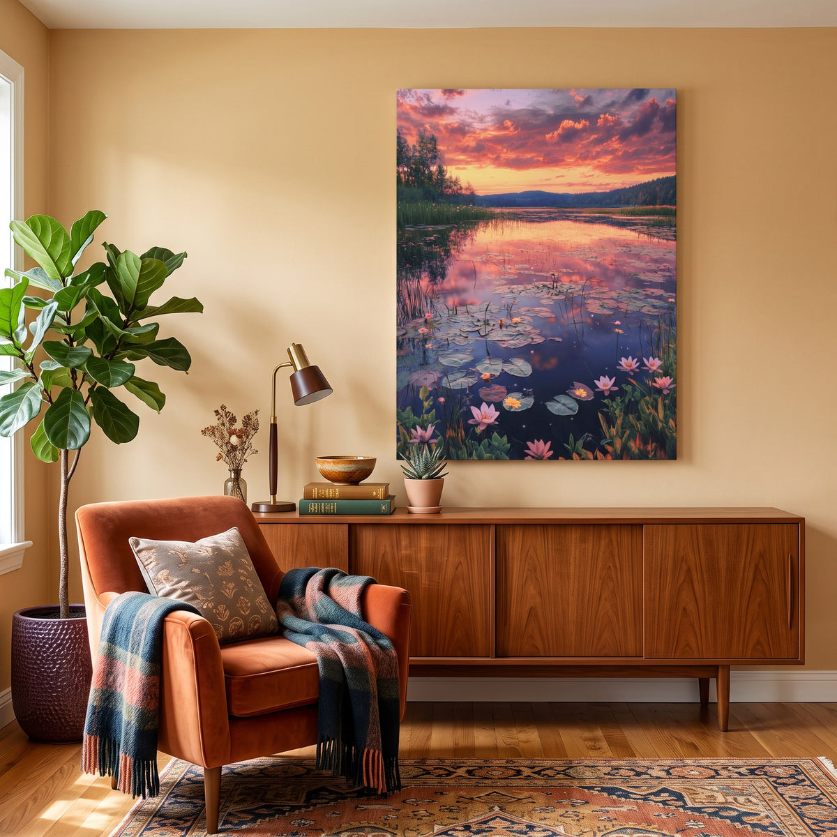 Tableau peinture par numéro Nénuphars au coucher de soleil accroché dans un intérieur décoré — Maison Artsen
