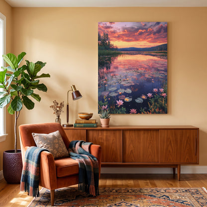 Tableau peinture par numéro Nénuphars au coucher de soleil accroché dans un intérieur décoré — Maison Artsen