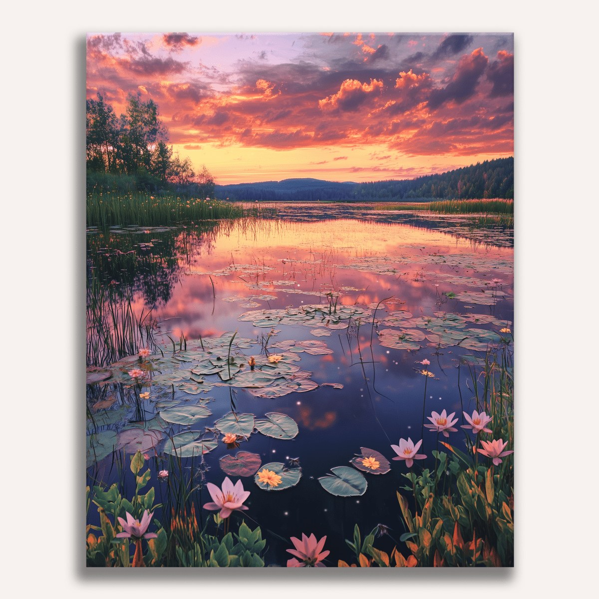 Peinture par numéro adulte Nénuphars au coucher de soleil, visuel complet du design sur toile — Maison Artsen