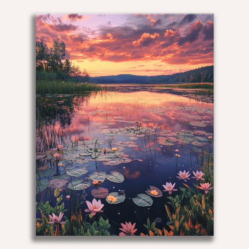 Peinture par numéro adulte Nénuphars au coucher de soleil, visuel complet du design sur toile — Maison Artsen