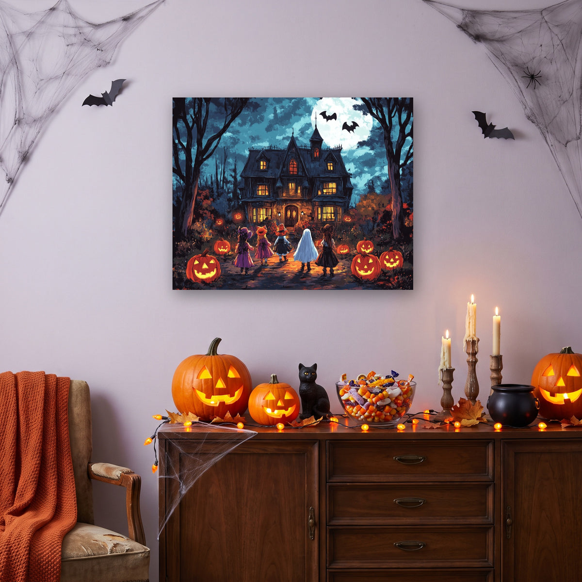 Tableau peinture par numéro Nuit des Petits Monstres accroché dans un intérieur décoré, Maison Artsen