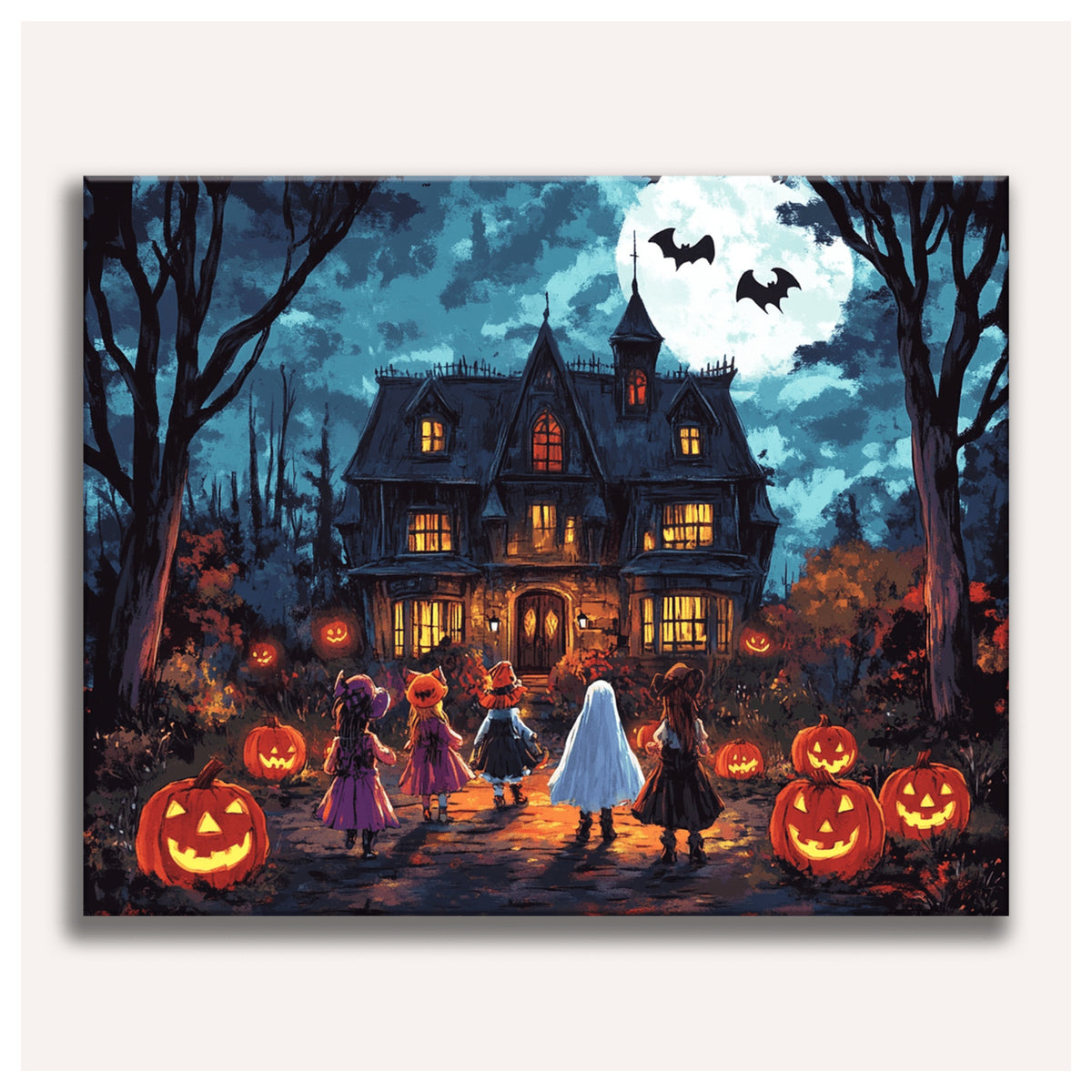 Peinture par numéro adulte Nuit des Petits Monstres, visuel complet du design sur toile, Maison Artsen