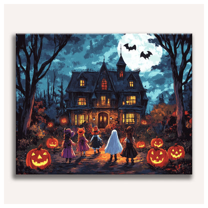 Peinture par numéro adulte Nuit des Petits Monstres, visuel complet du design sur toile, Maison Artsen