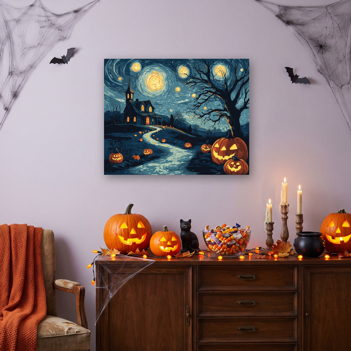 Tableau peinture par numéro Nuit Étoilée d'Octobre accroché dans un salon décoré pour Halloween — Maison Artsen