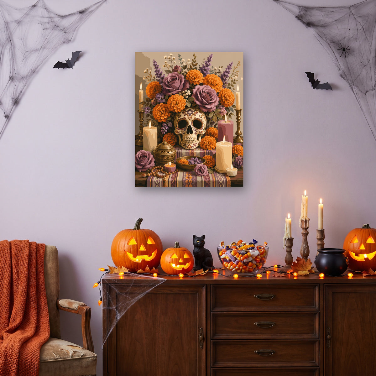 Tableau peinture par numéro Offrande aux Ancêtres accroché dans un salon décoré pour Halloween — Maison Artsen