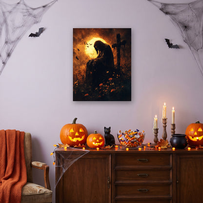 Tableau peinture par numéro Ombre de la Lune Rousse accroché dans un salon décoré pour Halloween — Maison Artsen