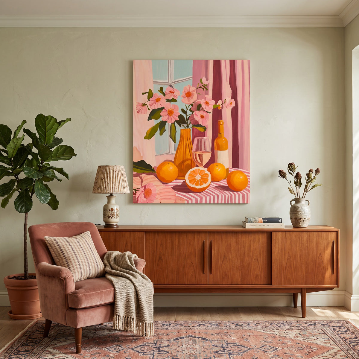 Tableau peinture par numéro Oranges, vin et fleurs accroché dans un intérieur décoré — Maison Artsen