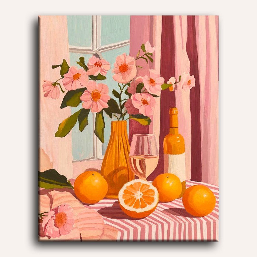 Peinture par numéro adulte Oranges, vin et fleurs, visuel complet du design sur toile — Maison Artsen