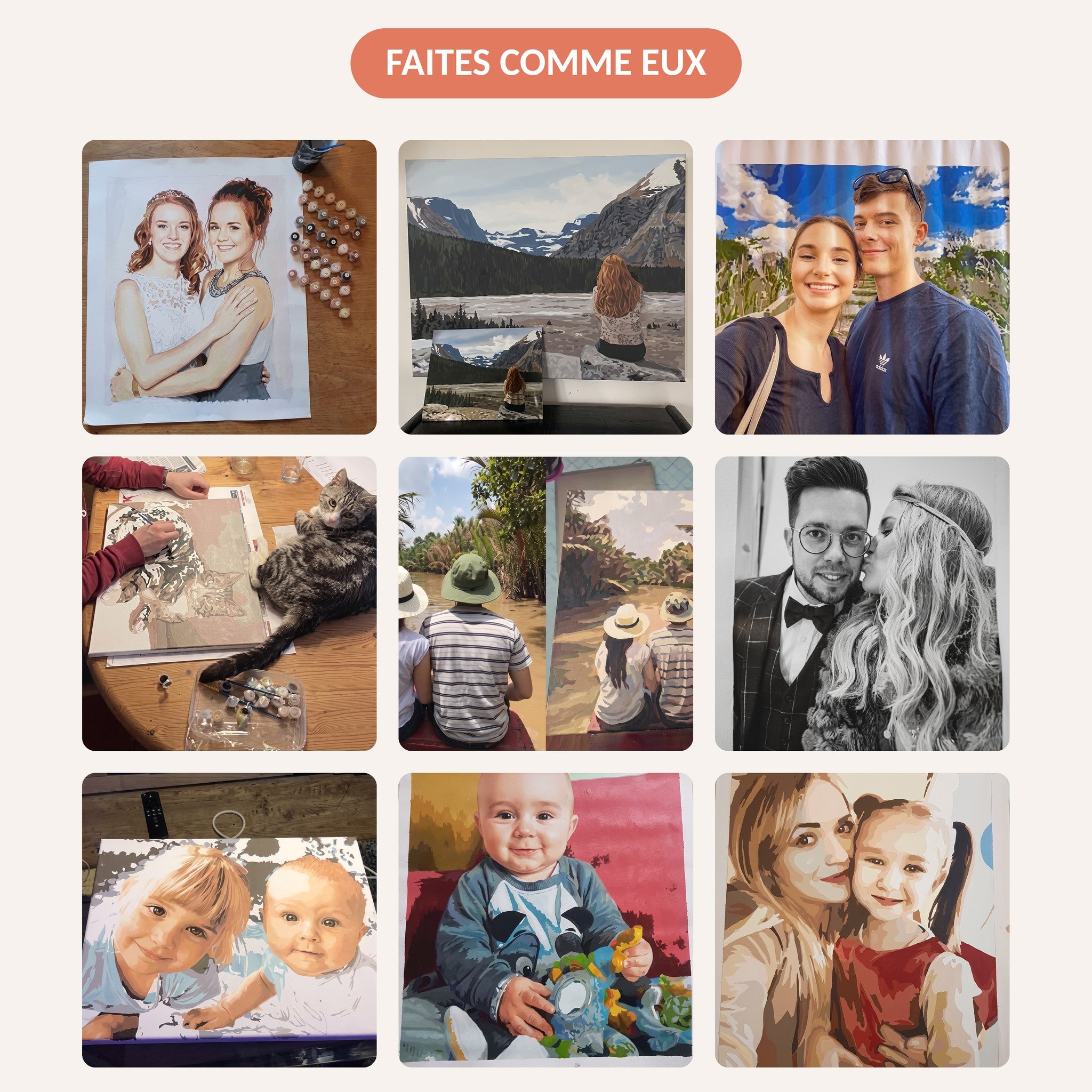 Réalisations de clients Maison Artsen : peintures par numéro personnalisées d'après leurs photos
