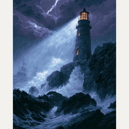 Peinture par numéro adulte Phare dans la Tempête, visuel complet du design — Maison Artsen