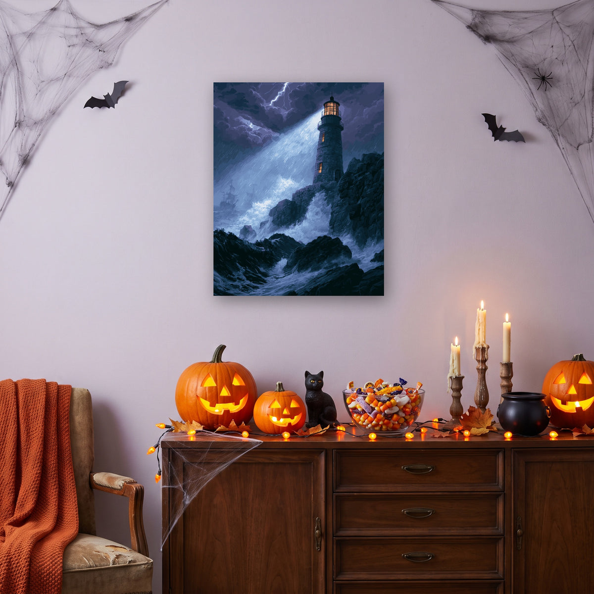 Tableau peinture par numéro Phare dans la Tempête accroché dans un salon décoré pour Halloween — Maison Artsen