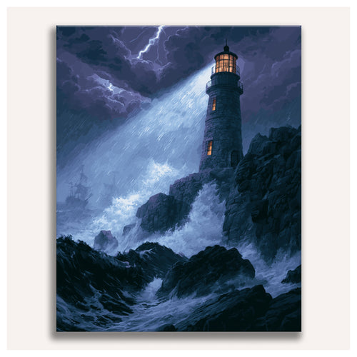 Peinture par numéro adulte Phare dans la Tempête, toile tendue vue de face — Maison Artsen
